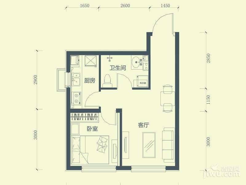 蔚蓝国际1室1厅1卫52.5㎡户型图