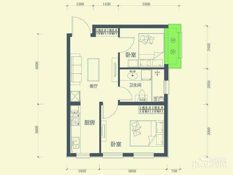 蔚蓝国际2室1厅1卫61.8㎡户型图