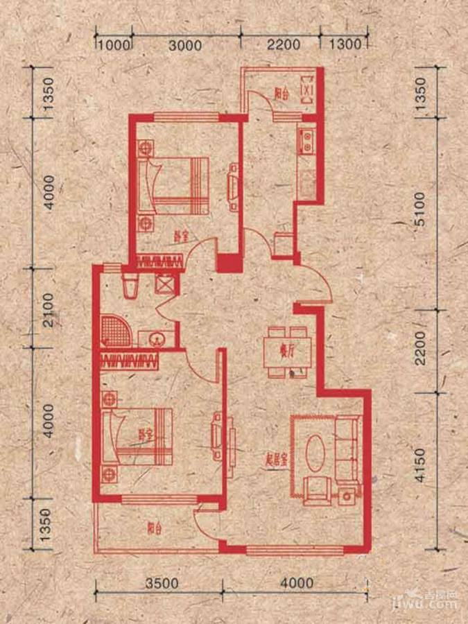 哈佛世纪2室2厅1卫89㎡户型图