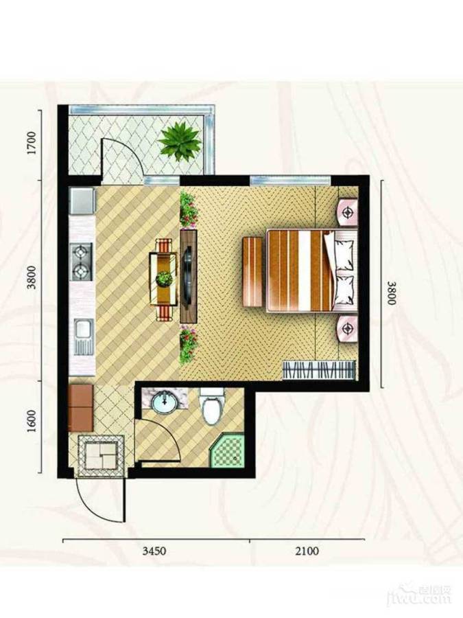 秀月佳苑1室1厅1卫38.9㎡户型图