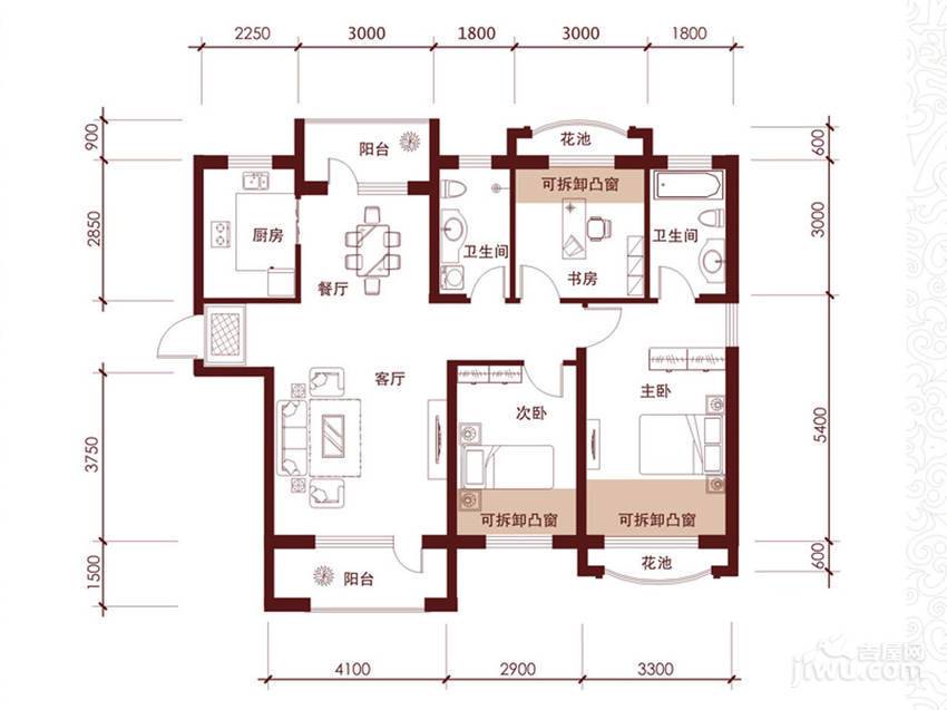 远洋时代城3室2厅2卫110㎡户型图