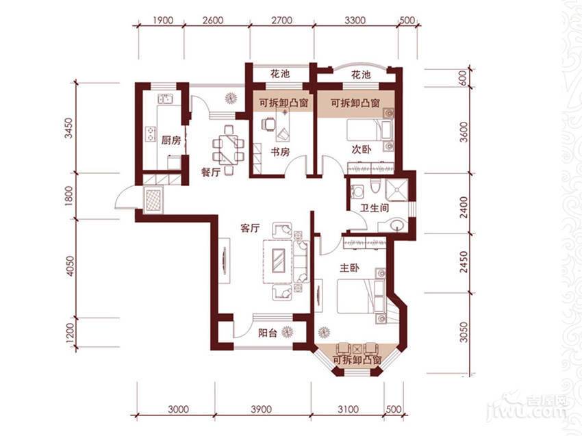 远洋时代城3室2厅1卫113㎡户型图