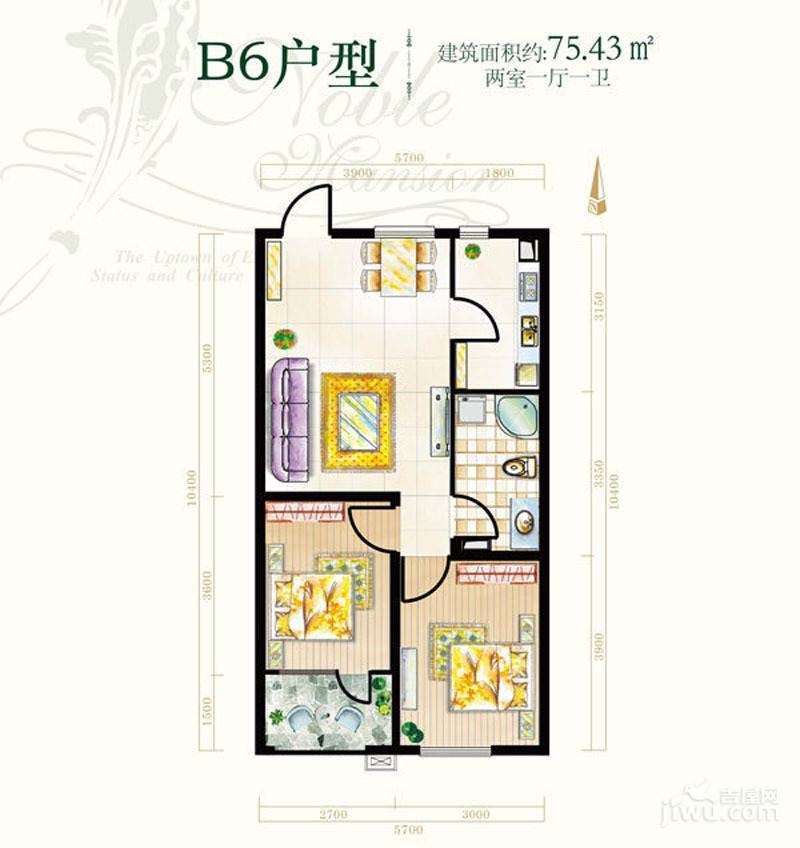 学仕名府2室1厅1卫75.4㎡户型图