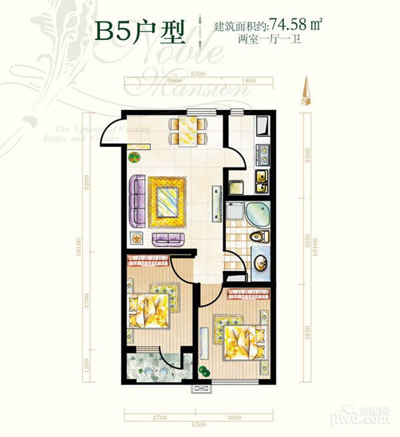 学仕名府2室1厅1卫74.6㎡户型图