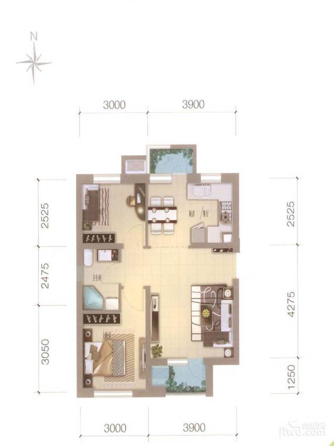 「大连天地」悦翠台2室1厅1卫83.4㎡户型图