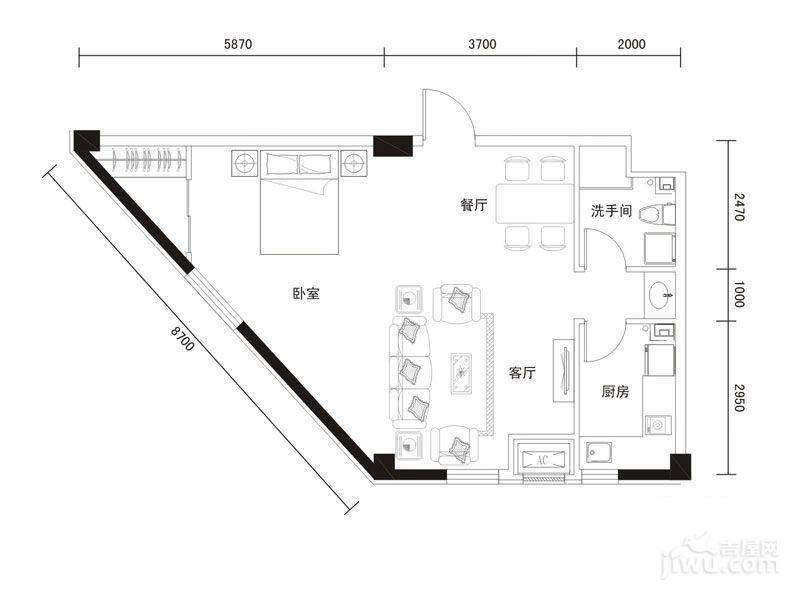 耕海广场1室2厅1卫74.6㎡户型图