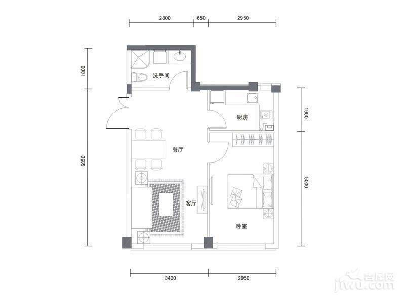 耕海广场1室2厅1卫66.5㎡户型图