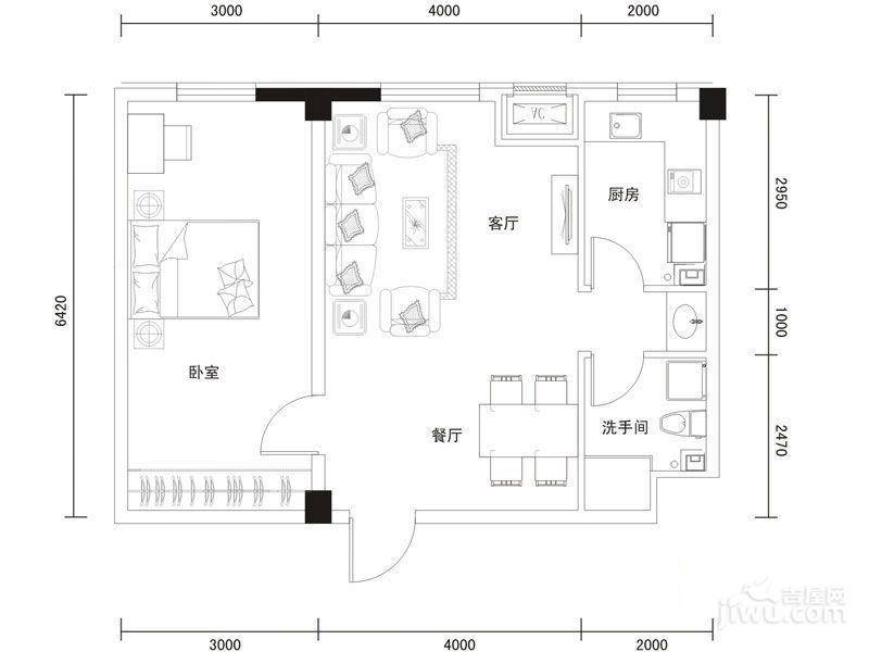 耕海广场1室2厅1卫76.4㎡户型图