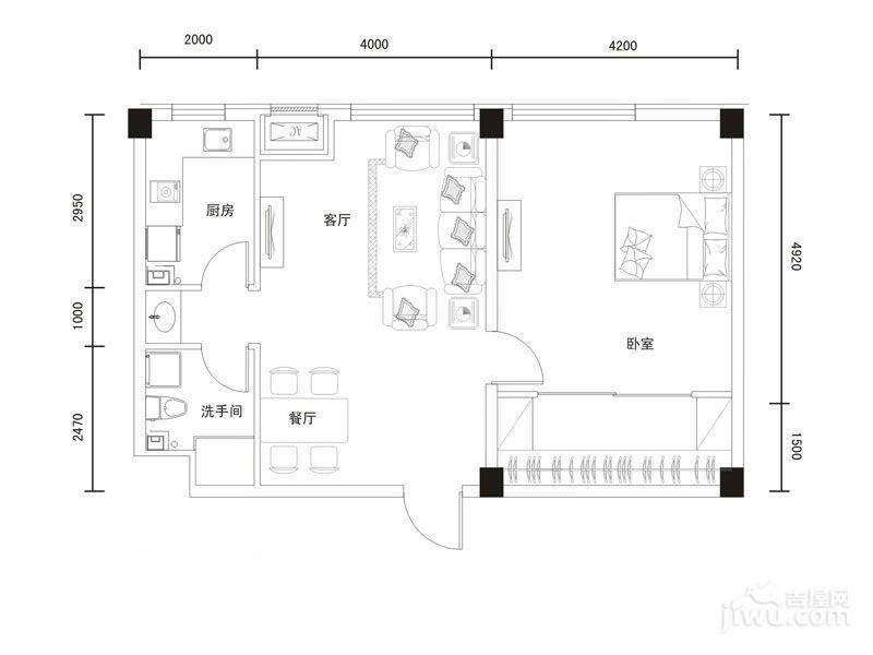 耕海广场1室2厅1卫86.9㎡户型图