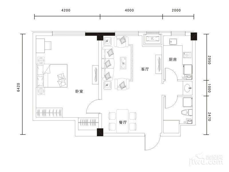 耕海广场1室2厅1卫83.2㎡户型图