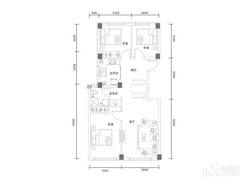 耕海广场3室2厅1卫100.6㎡户型图