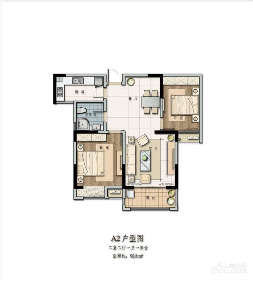 苹果园幸福城2室2厅1卫92.8㎡户型图