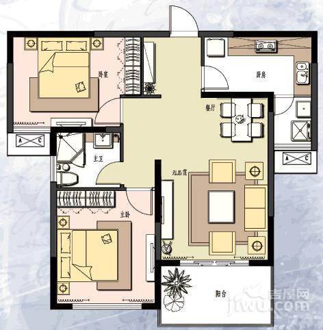 苹果园幸福城2室2厅1卫89㎡户型图