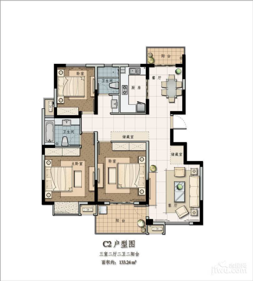 苹果园幸福城3室2厅2卫133.2㎡户型图