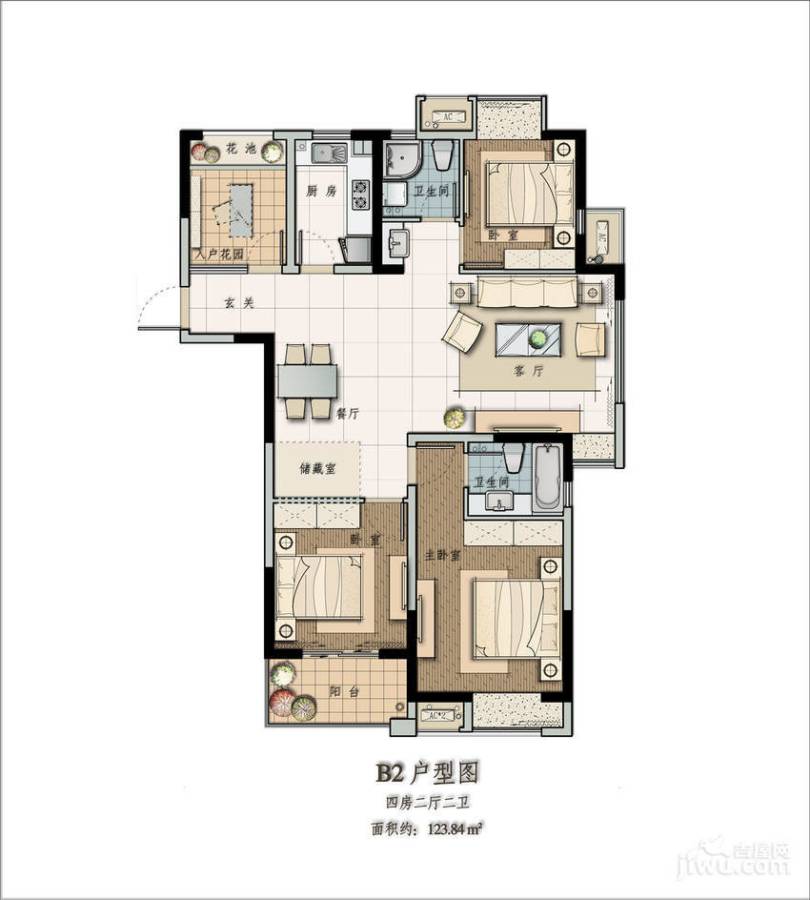 苹果园幸福城4室2厅2卫123.8㎡户型图