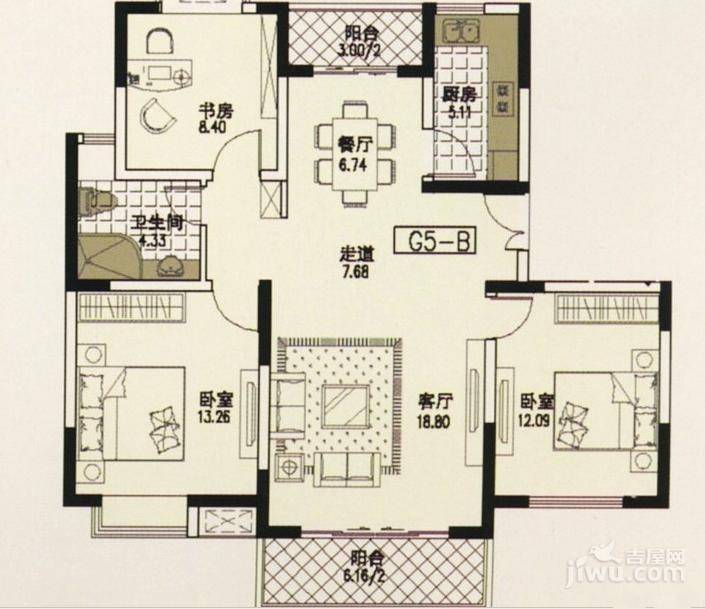 锦翠嘉苑3室2厅1卫114㎡户型图