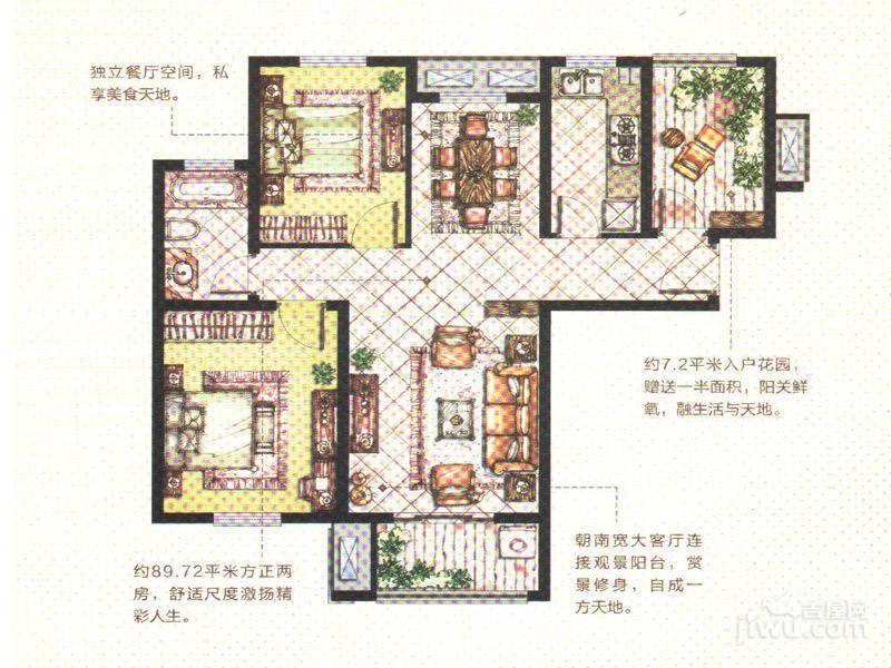 水岸观邸2室2厅1卫89.7㎡户型图