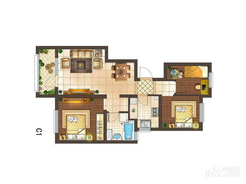 阳光公园1号3室2厅1卫80㎡户型图