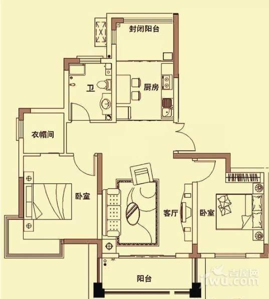 贵爵公寓2室2厅1卫84㎡户型图