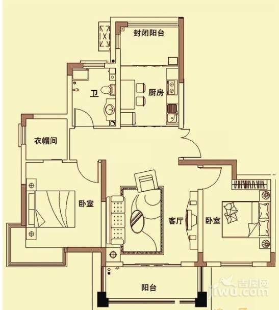 贵爵公寓2室2厅1卫90㎡户型图