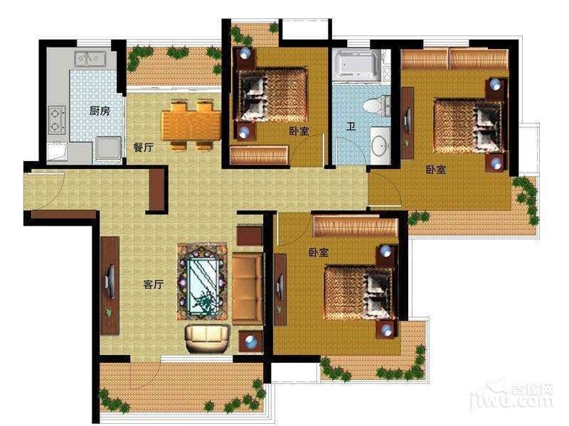 金泽儒家3室2厅1卫118㎡户型图