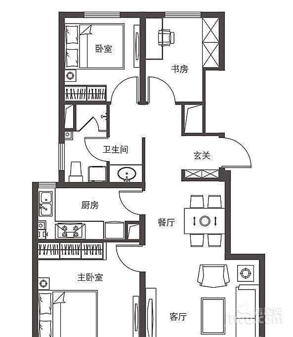 天泰城3室2厅1卫90㎡户型图