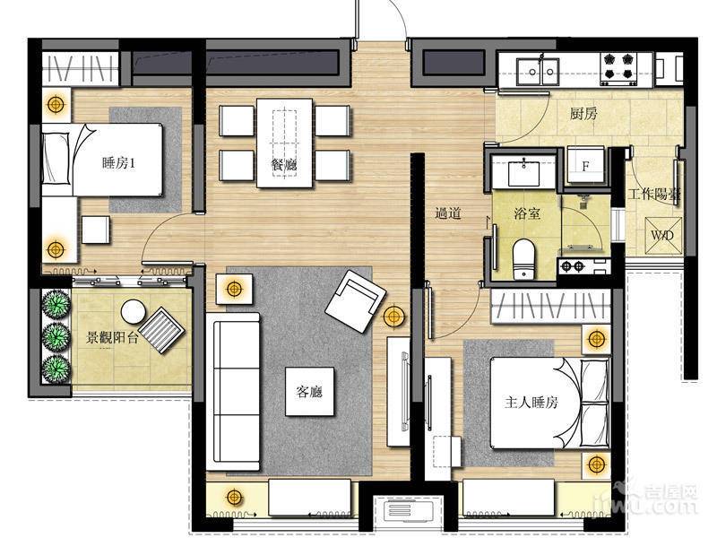 恒生伴山2室2厅1卫87㎡户型图