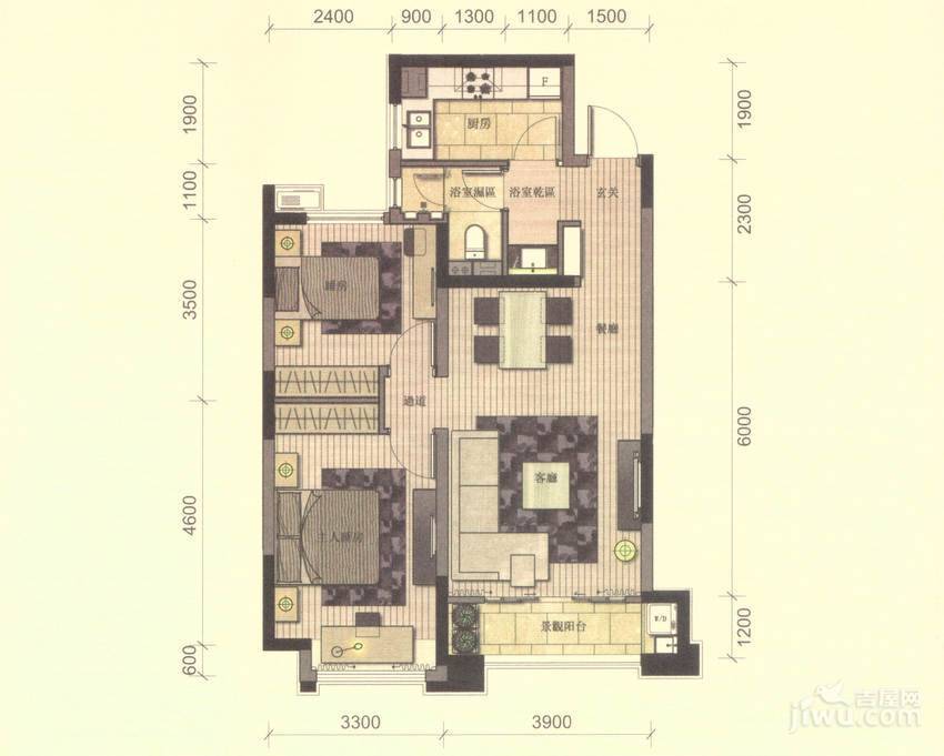 恒生伴山2室2厅1卫94㎡户型图