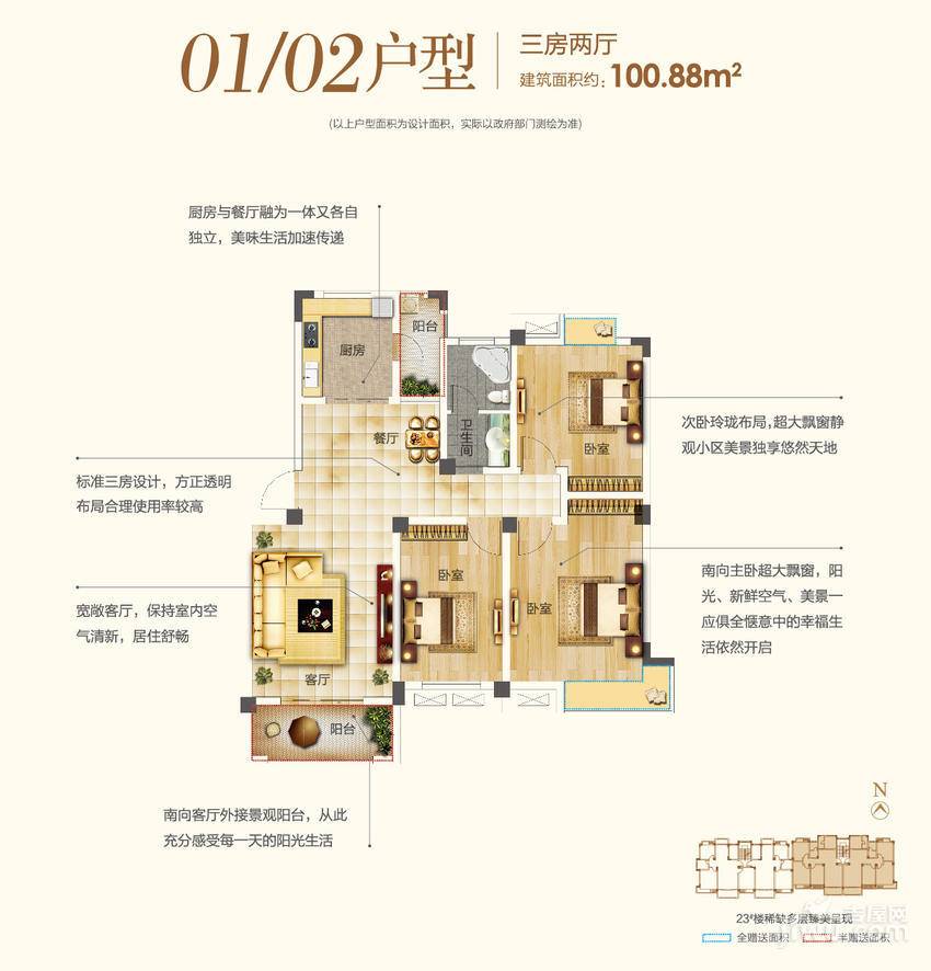 东方早城3室2厅1卫100.9㎡户型图