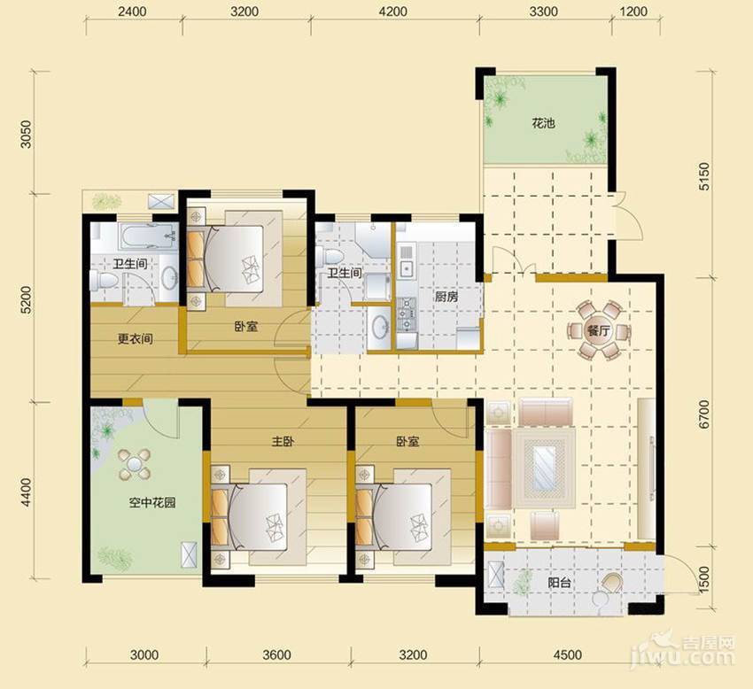 44平米戶型圖_首付金額_3室2廳2衛_162.44平米 - 吉屋網