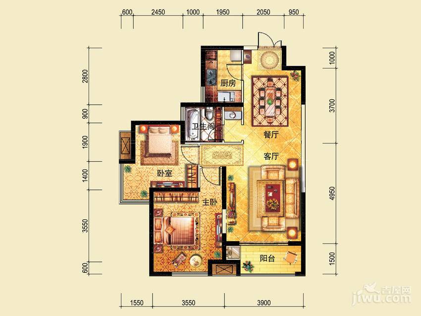 祥源广场2室2厅1卫90㎡户型图