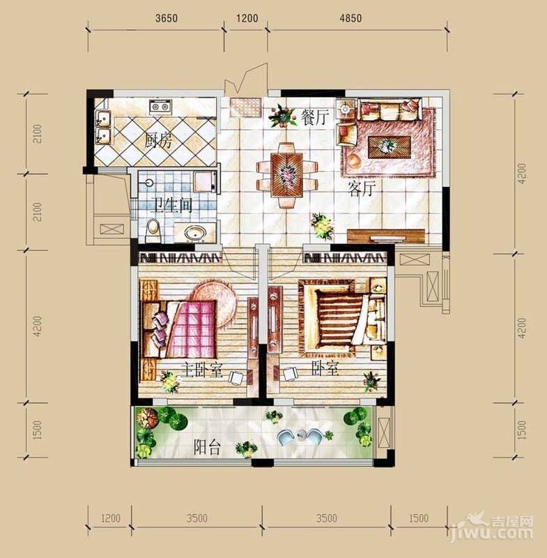 大富绿洲2室2厅1卫90㎡户型图