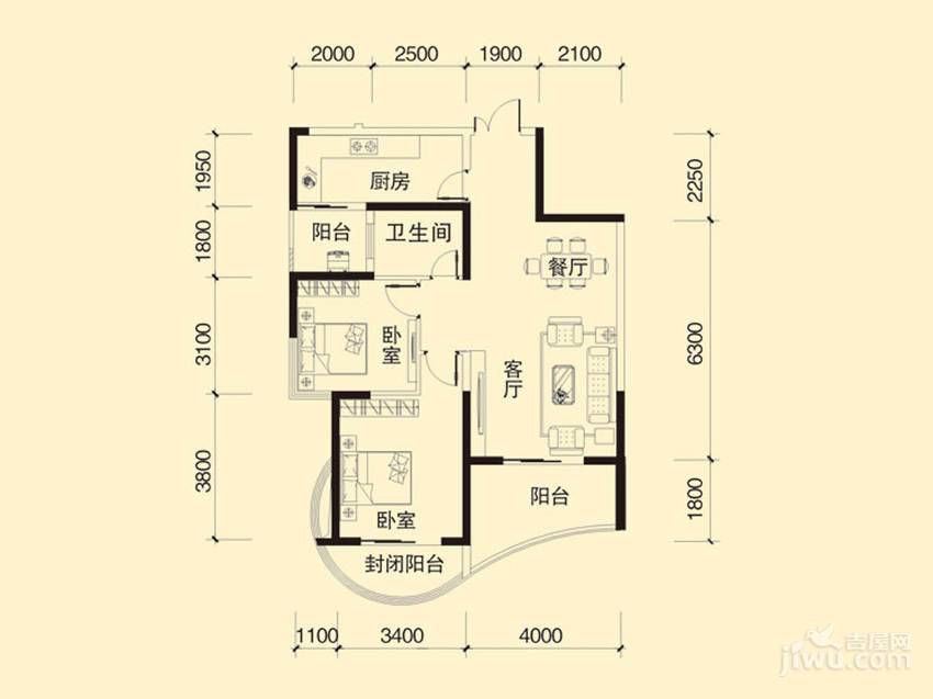 森林海2室2厅1卫89.5㎡户型图