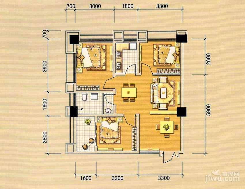 星期八公社3室2厅1卫88.1㎡户型图