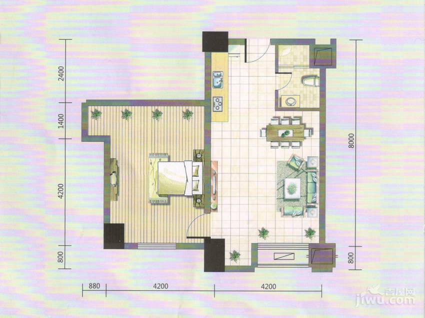 鸿路北城明珠（桔子公寓）1室2厅1卫86㎡户型图