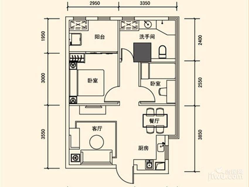 徽商优山美地2室2厅1卫66.5㎡户型图