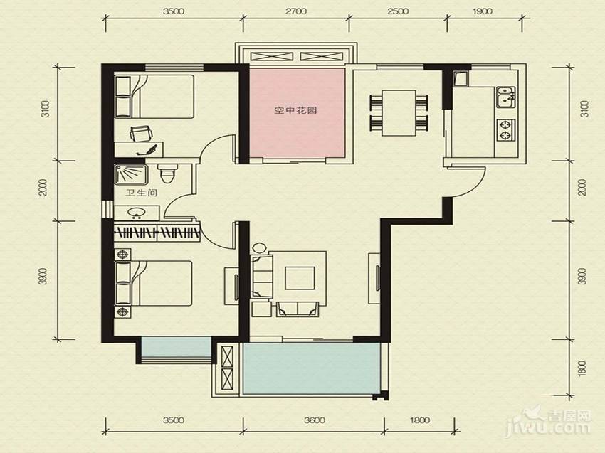 福乐门国际广场2室2厅1卫97㎡户型图