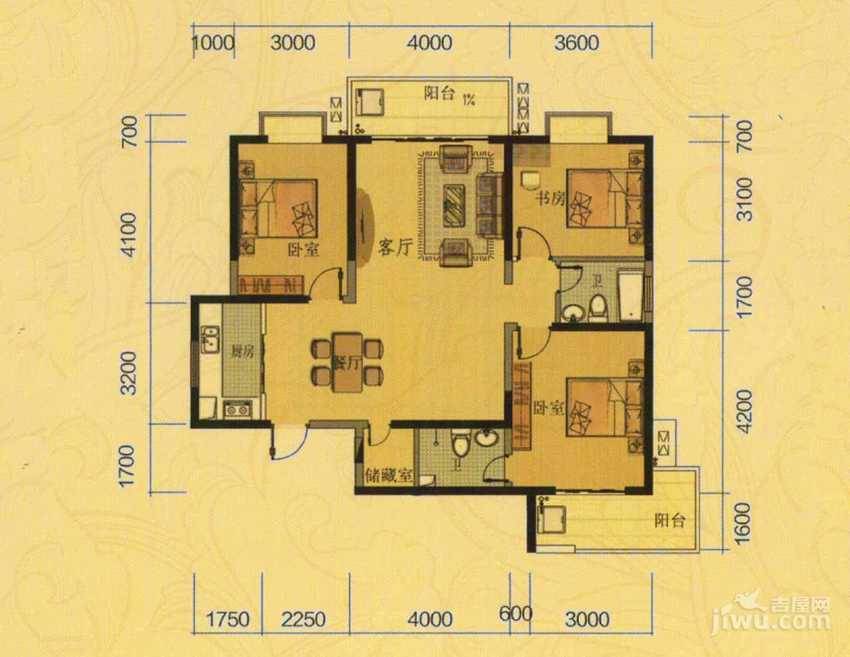 锦绣豪庭3室2厅2卫124.1㎡户型图