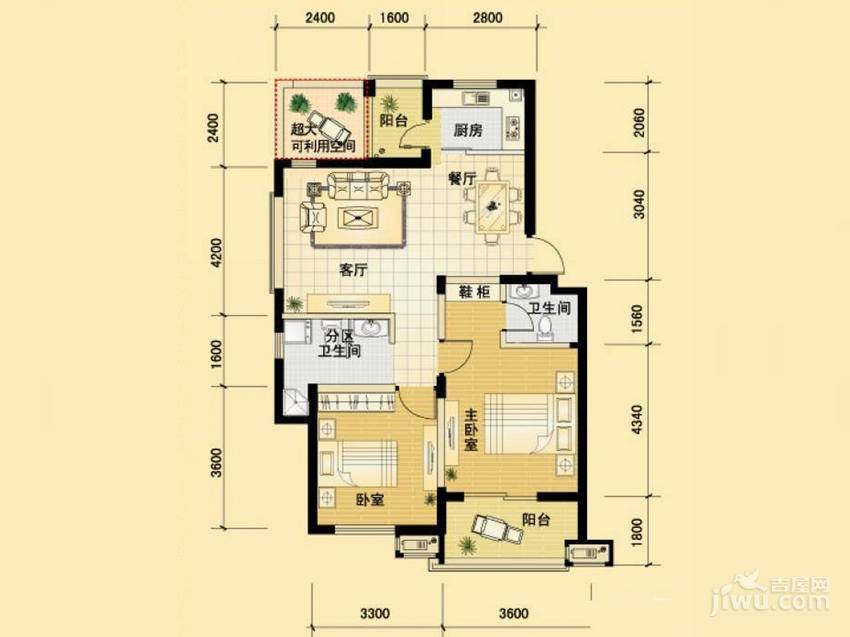 东冠繁华逸城2室2厅2卫88.8㎡户型图