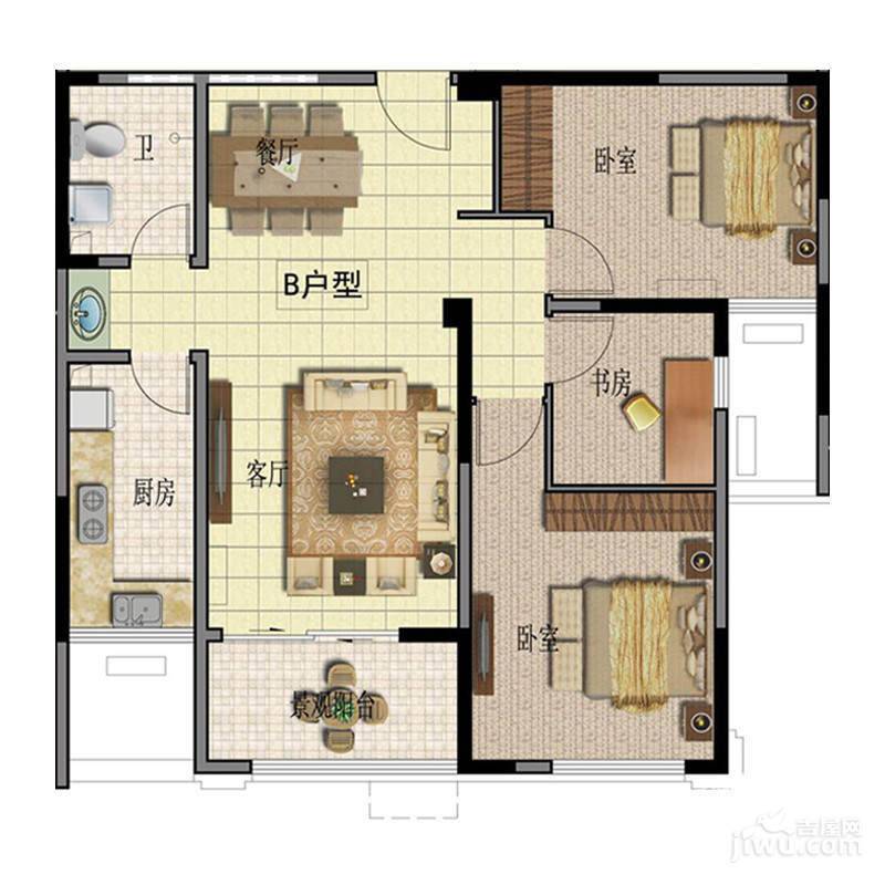 四季经典园3室2厅1卫107.2㎡户型图