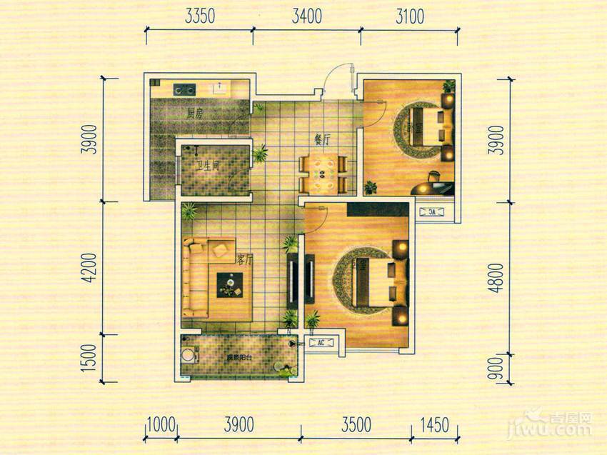 东方早城2室2厅1卫89.2㎡户型图