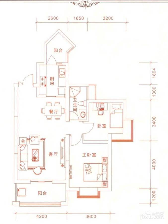 宇宏健康花城2室2厅1卫95㎡户型图