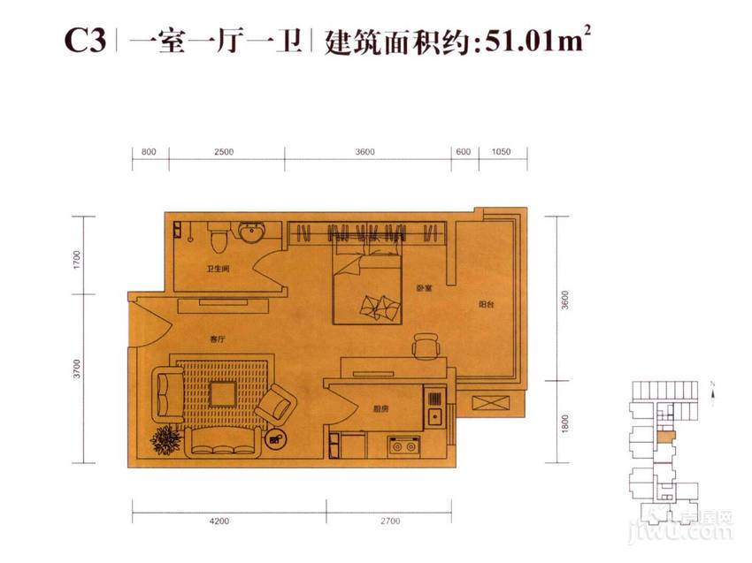 澳城大厦1室1厅1卫51㎡户型图