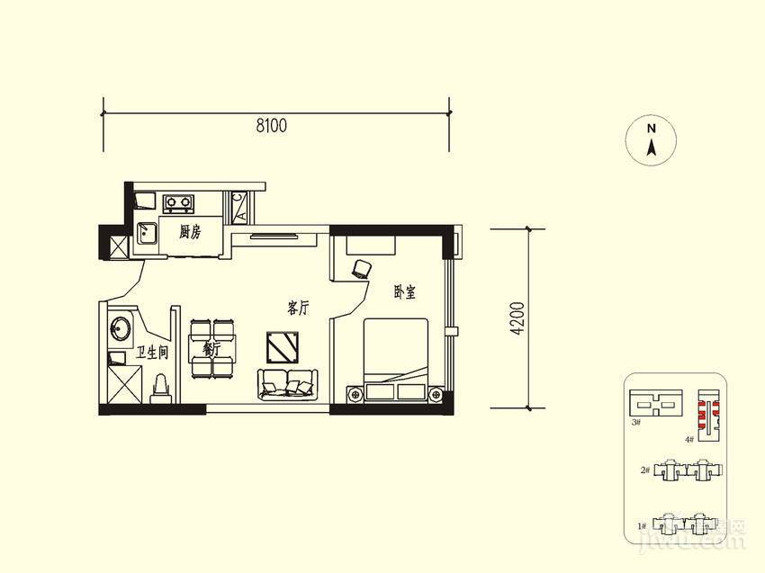 龙记观澜国际1室1厅1卫48.7㎡户型图