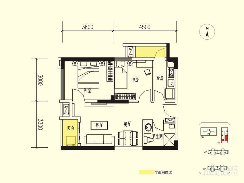 龙记观澜国际2室2厅1卫64.2㎡户型图