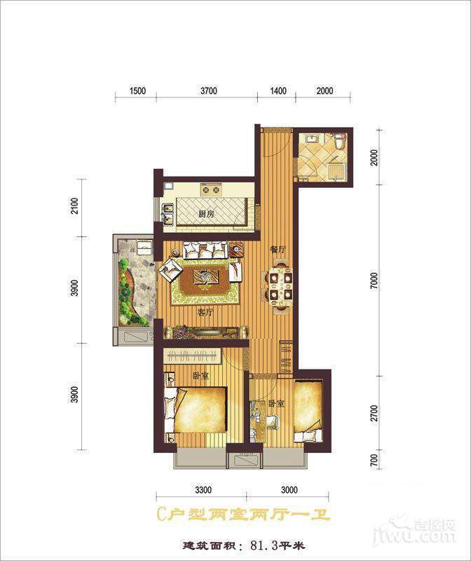 西纺逸品园2室1厅1卫81.3㎡户型图