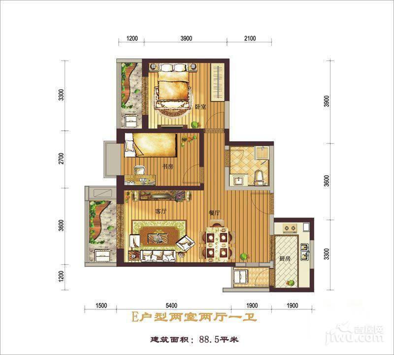 西纺逸品园2室2厅1卫88.5㎡户型图