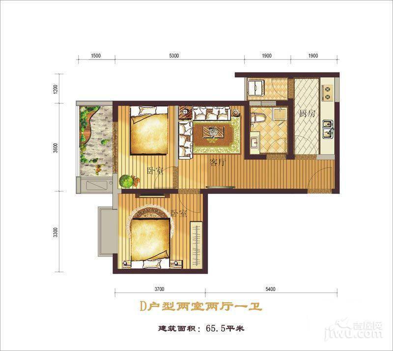 西纺逸品园2室1厅1卫65.5㎡户型图