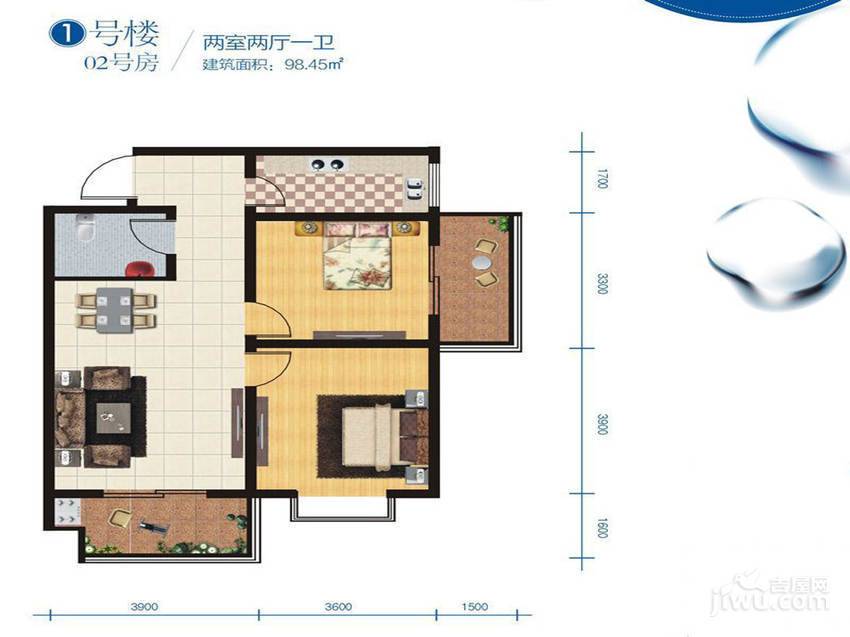 华旗东郡2室2厅1卫98.5㎡户型图