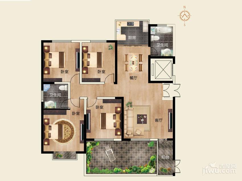 中央花园4室2厅3卫155.2㎡户型图